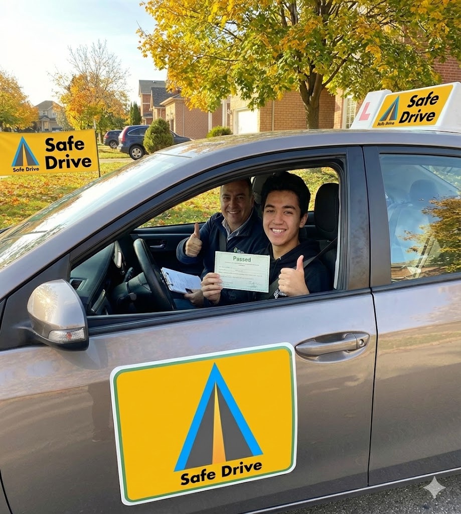 Driving instructor teaching a student in a Safe Drive Ontario car